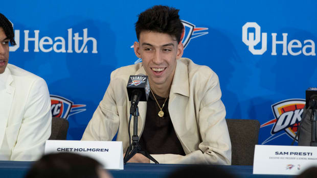 Oklahoma City Thunder forward Chet Holmgren speaks to the media during an introductory press conference at Clara Luper Center.